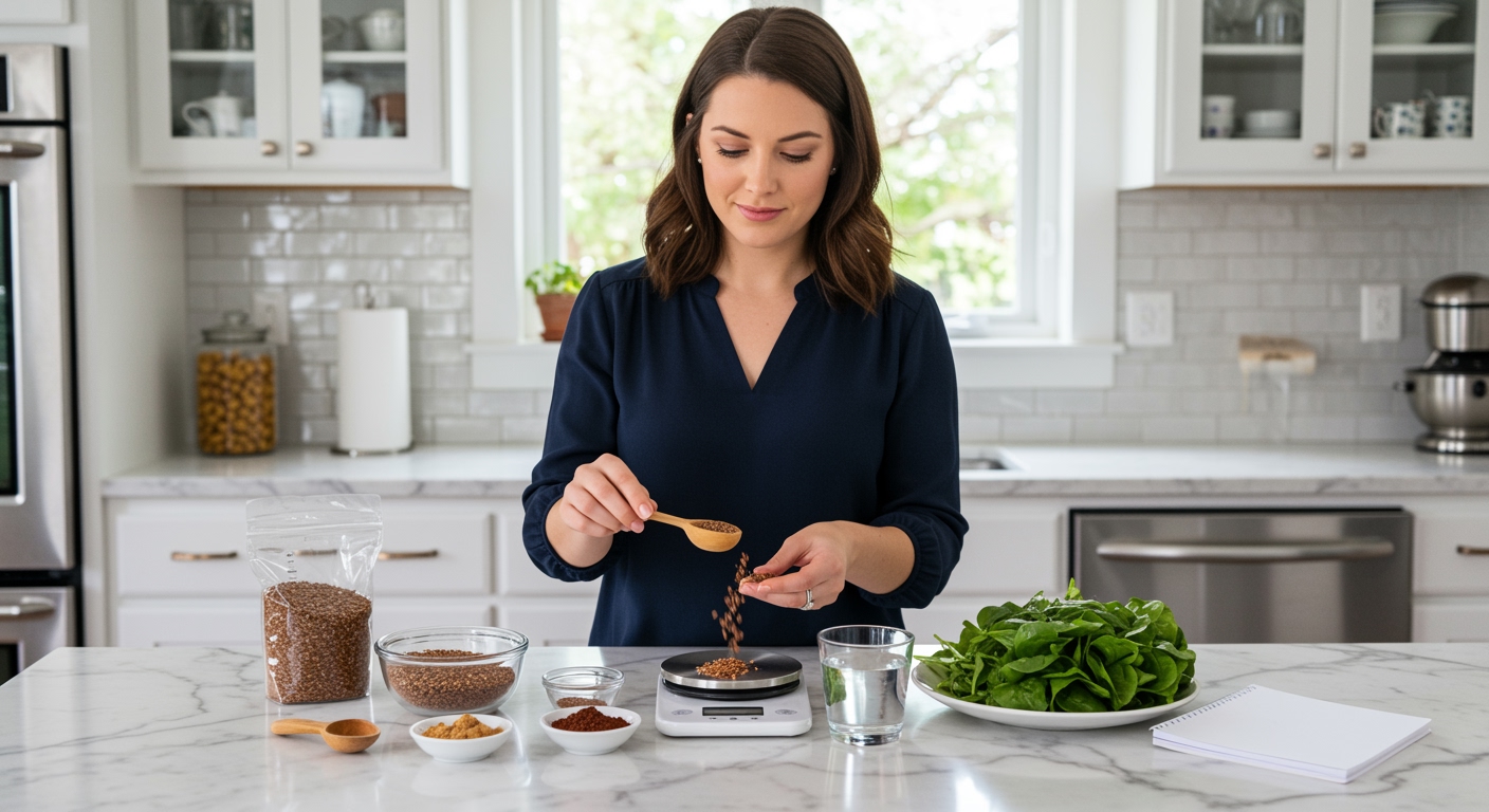 Woman measuring flaxseeds with wooden spoon on marble countertop with glass bowl, scale, and health tracking materials