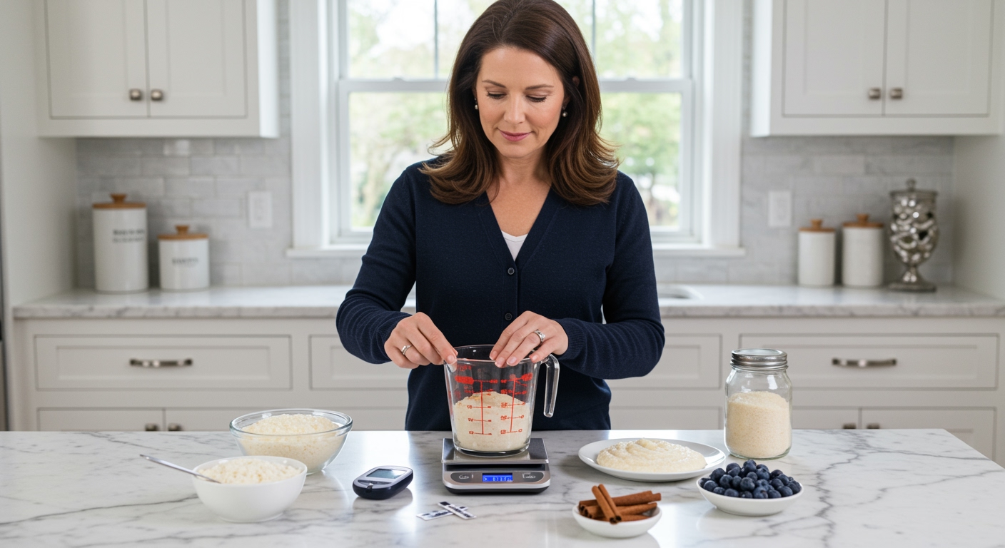 Middle-aged woman measuring cooked grits in glass cup with glucose meter and healthy toppings on marble countertop