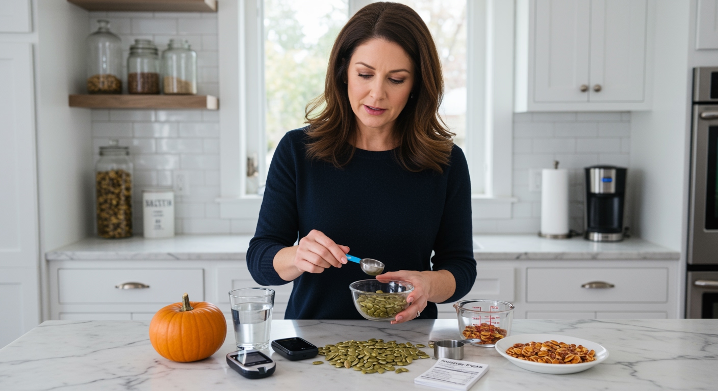 Woman measuring pumpkin seeds with spoon on marble counter with glucose meter and nutrition tools in modern kitchen
