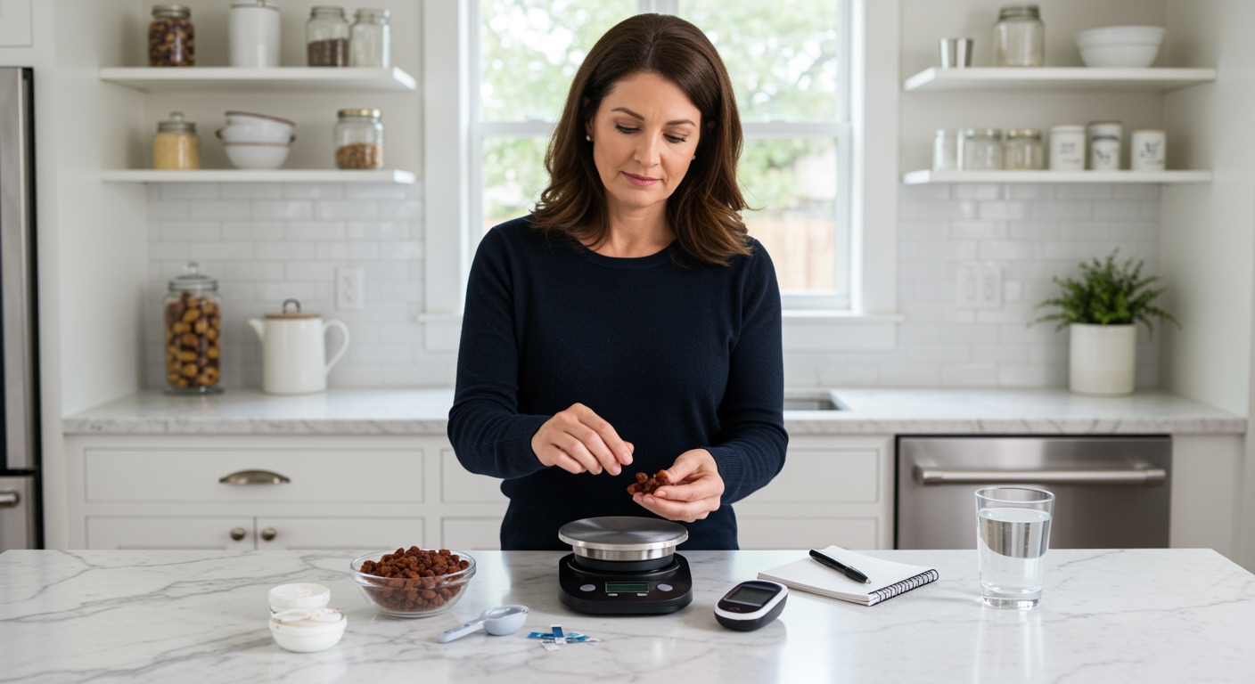 Middle-aged woman measuring raisins in hand while holding blood glucose meter on white marble countertop with diabetes monitoring supplies