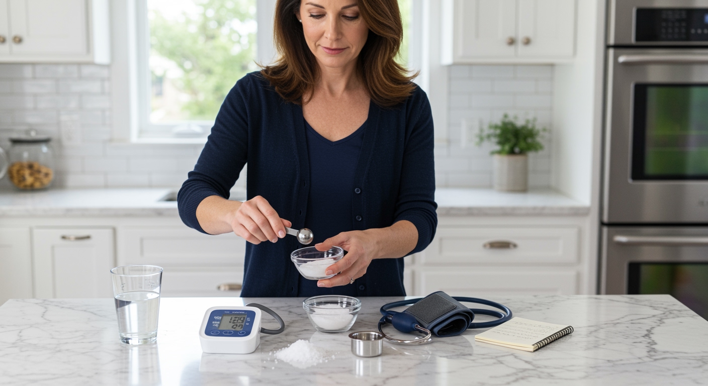 Woman measuring salt with spoon while holding blood pressure monitor on marble countertop with medical equipment visible