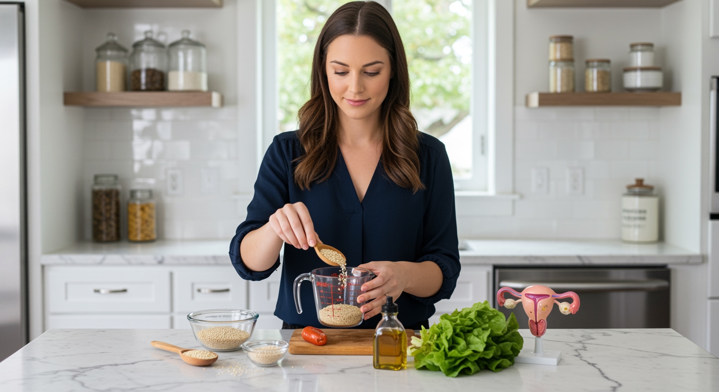 Woman pouring sesame seeds from glass bowl into measuring cup on marble counter with PCOS-related items in bright kitchen