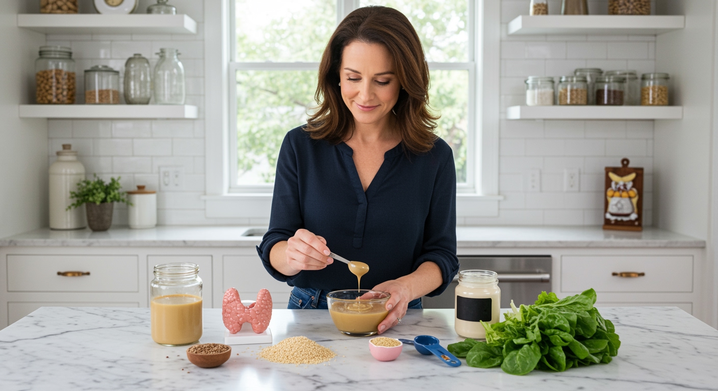 Middle-aged woman holding measuring spoon over tahini bowl with sesame seeds, thyroid model, and greens on marble countertop
