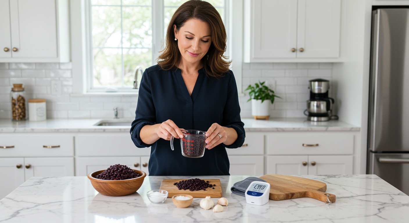 Middle-aged woman measuring black beans on white marble countertop with blood pressure monitor and heart-healthy ingredients