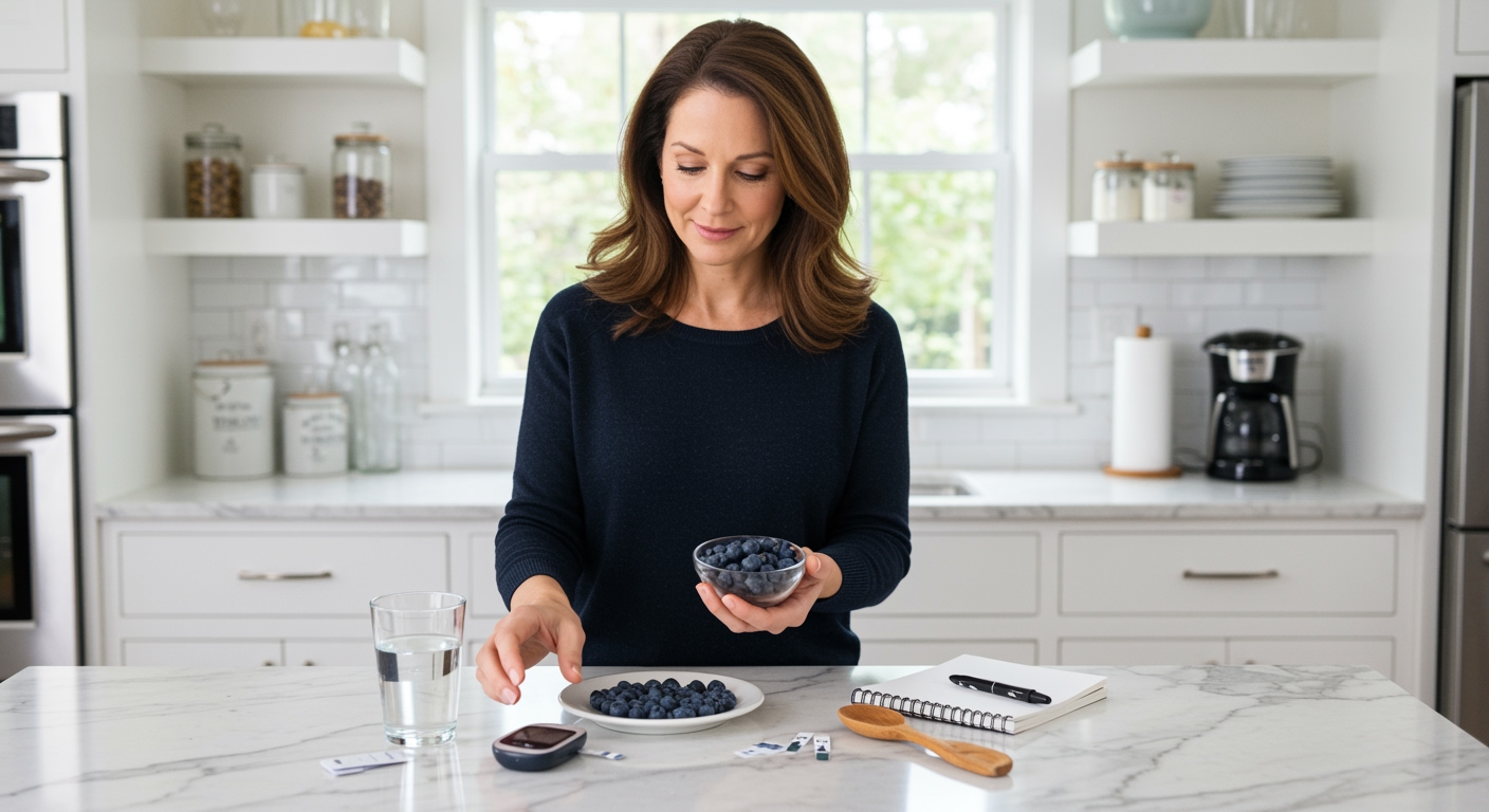 Woman holding bowl of blueberries next to glucose meter on white marble counter in modern kitchen with natural lighting