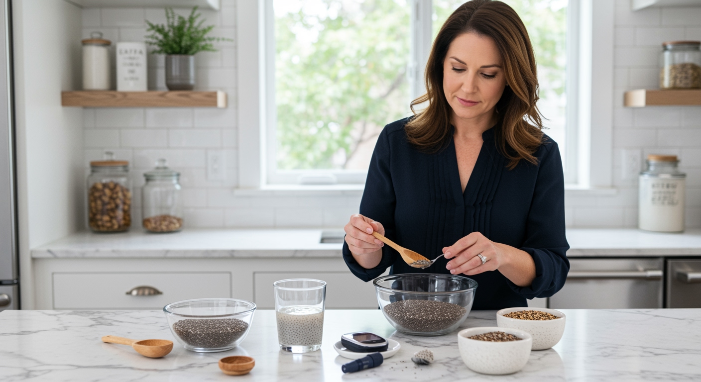 Woman measuring chia seeds with wooden spoon at marble countertop with glucose meter and soaked chia seeds visible