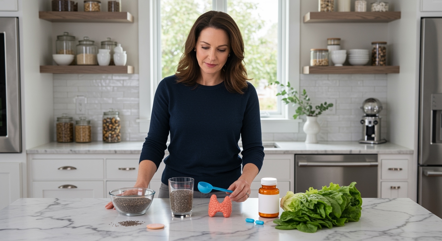 Middle-aged woman measuring chia seeds on marble counter with thyroid model, pill bottle, clock, and fresh greens in bright kitchen