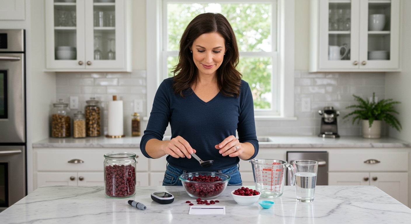 Woman holding measuring cup over bowl of dried cranberries with glucose meter and fresh cranberries on white marble countertop