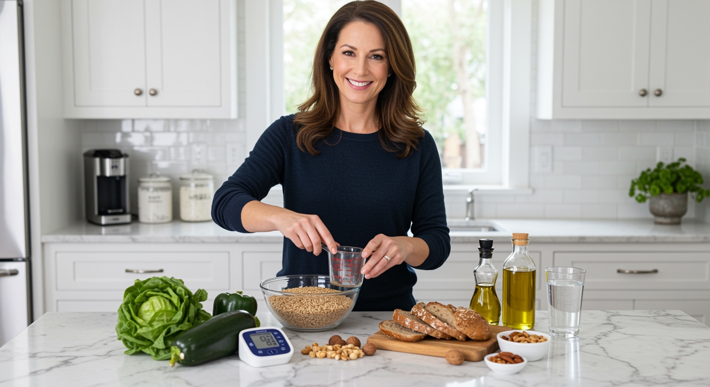 Woman measuring farro grains on marble counter with blood pressure monitor and healthy foods in modern kitchen setting