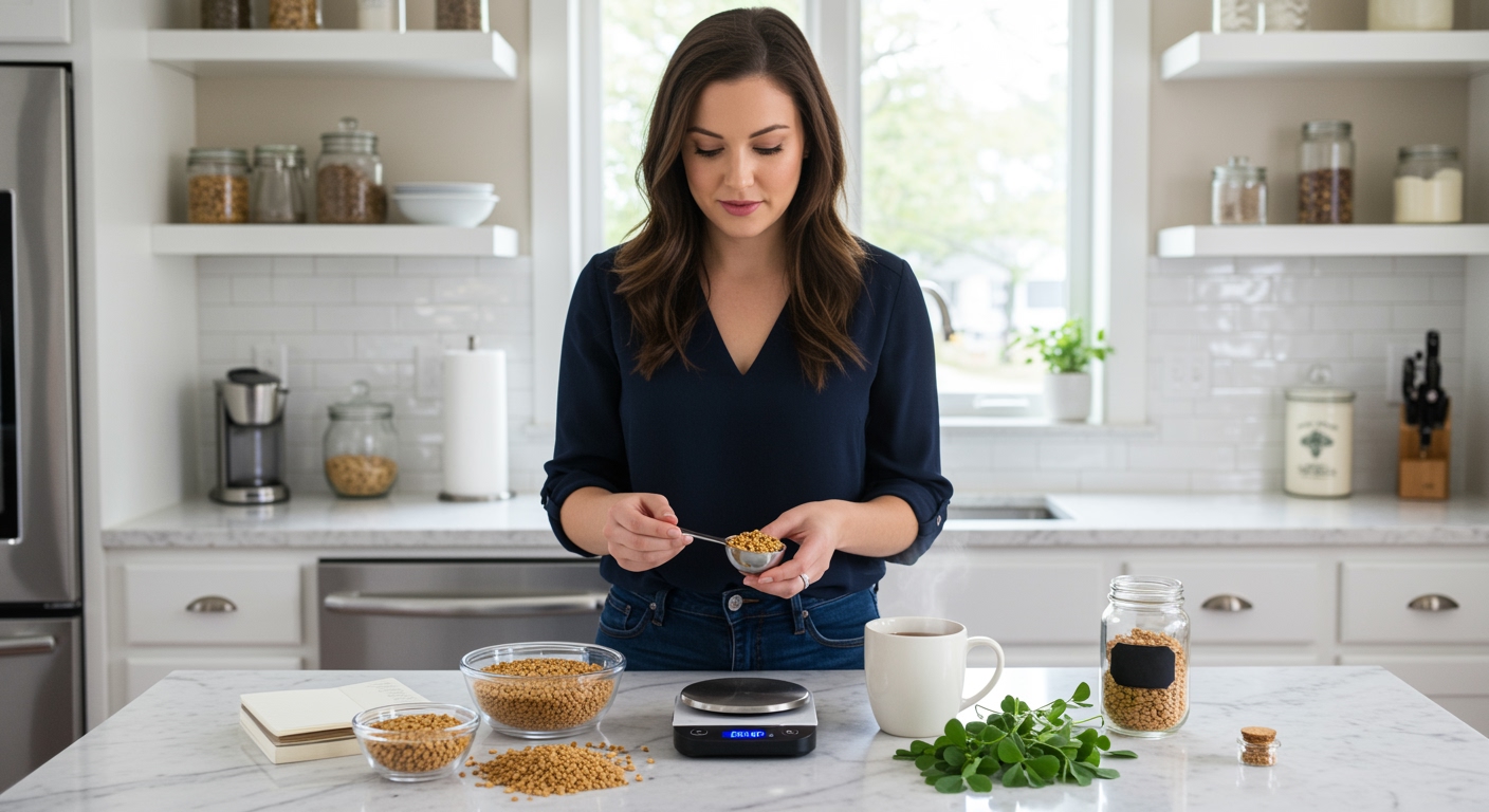 Woman measuring fenugreek seeds with spoon on marble counter with tea mug, scale, and fresh leaves in bright kitchen