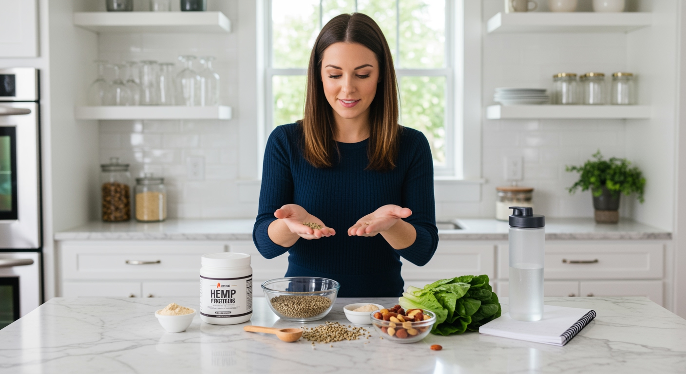 Woman examining hemp seeds on marble countertop with protein sources and nutrition tracking materials in bright kitchen