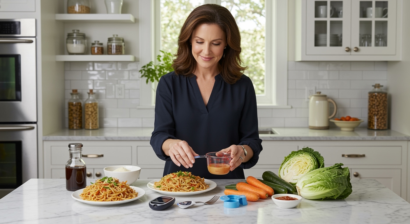 Middle-aged woman measuring noodle portions on marble countertop with glucose meter, fresh vegetables, and cooking utensils in bright kitchen
