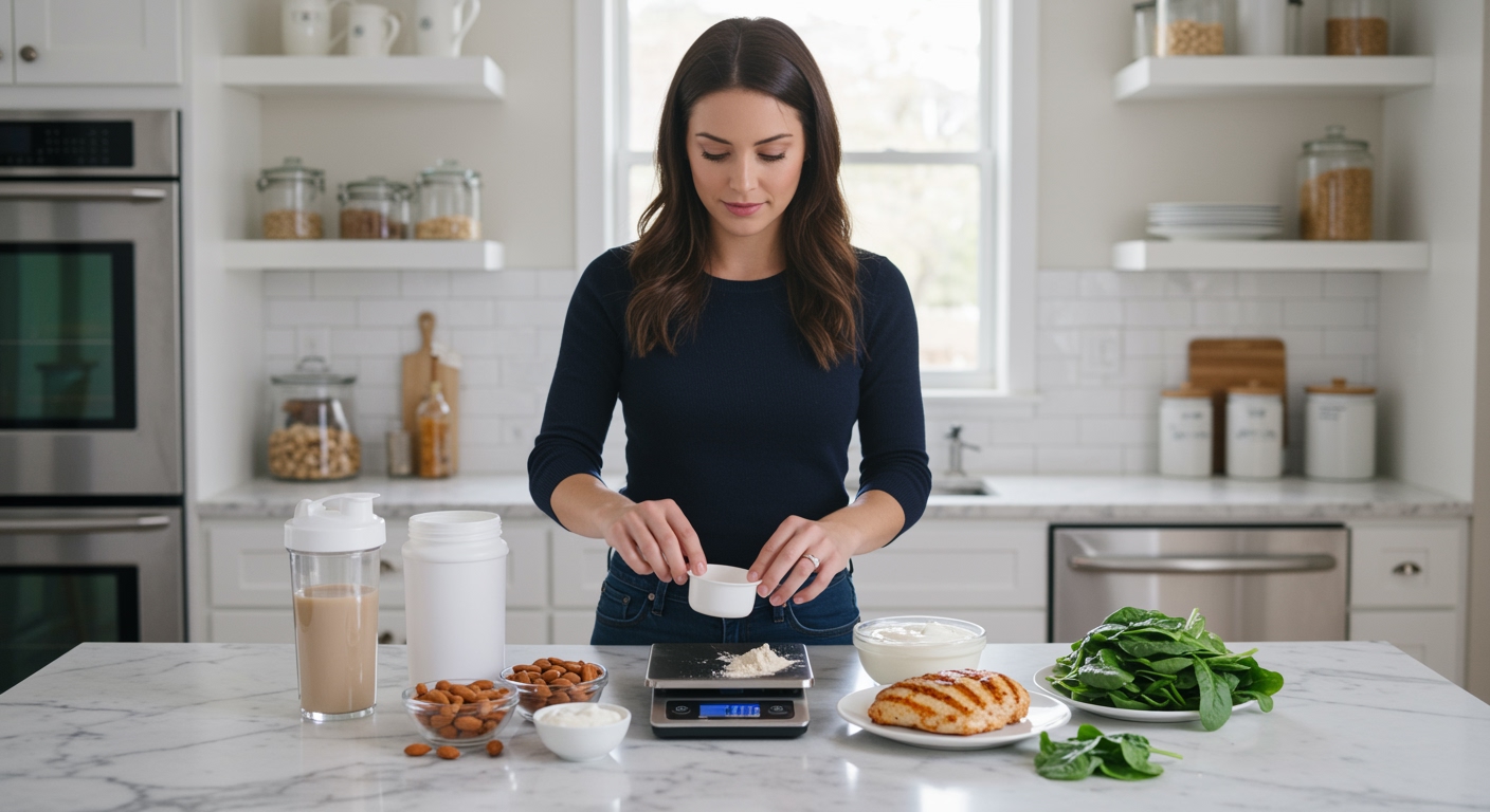 Woman measuring protein powder on kitchen scale with healthy protein sources including chicken, yogurt, and nuts on marble counter