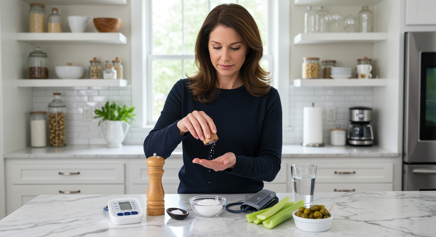 Woman measuring salt in palm while standing behind marble counter with blood pressure monitor and salty foods visible