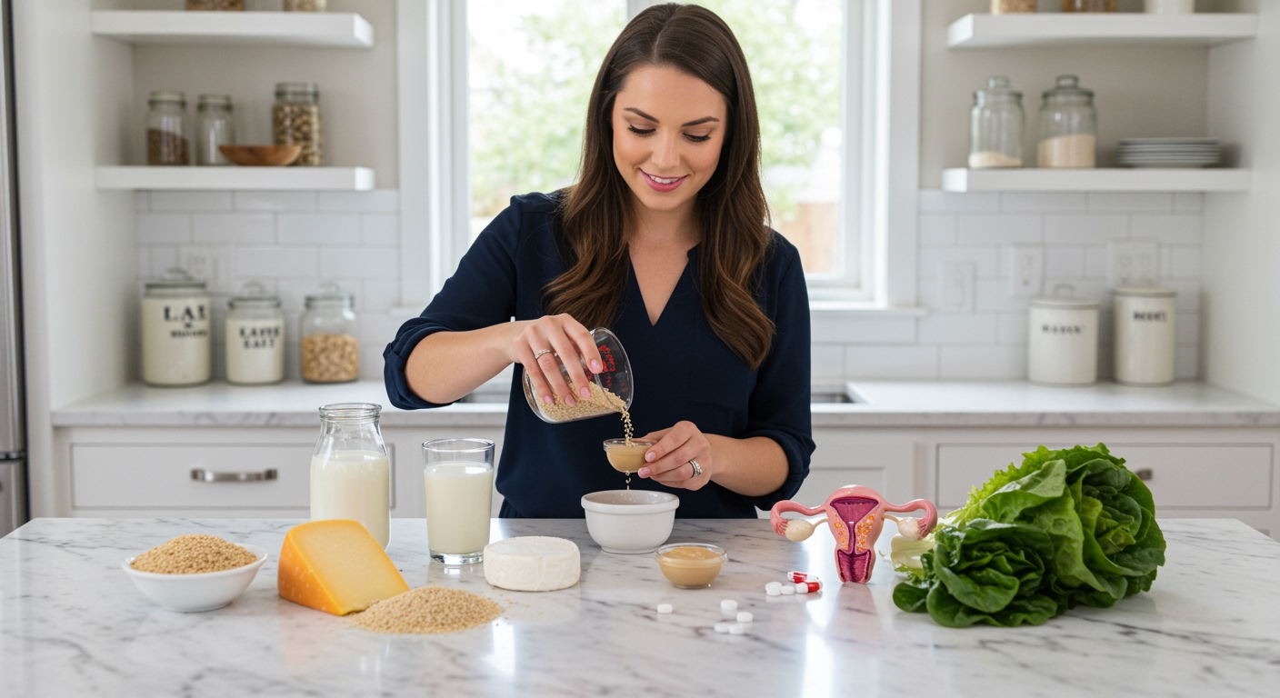 Woman pouring sesame seeds into bowl with calcium-rich foods and PCOS health items arranged on marble countertop