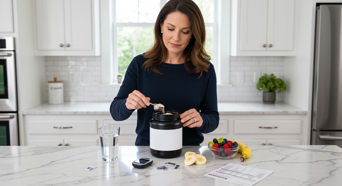 Middle-aged woman measuring whey protein powder with spoon on marble counter with glucose meter and healthy foods visible
