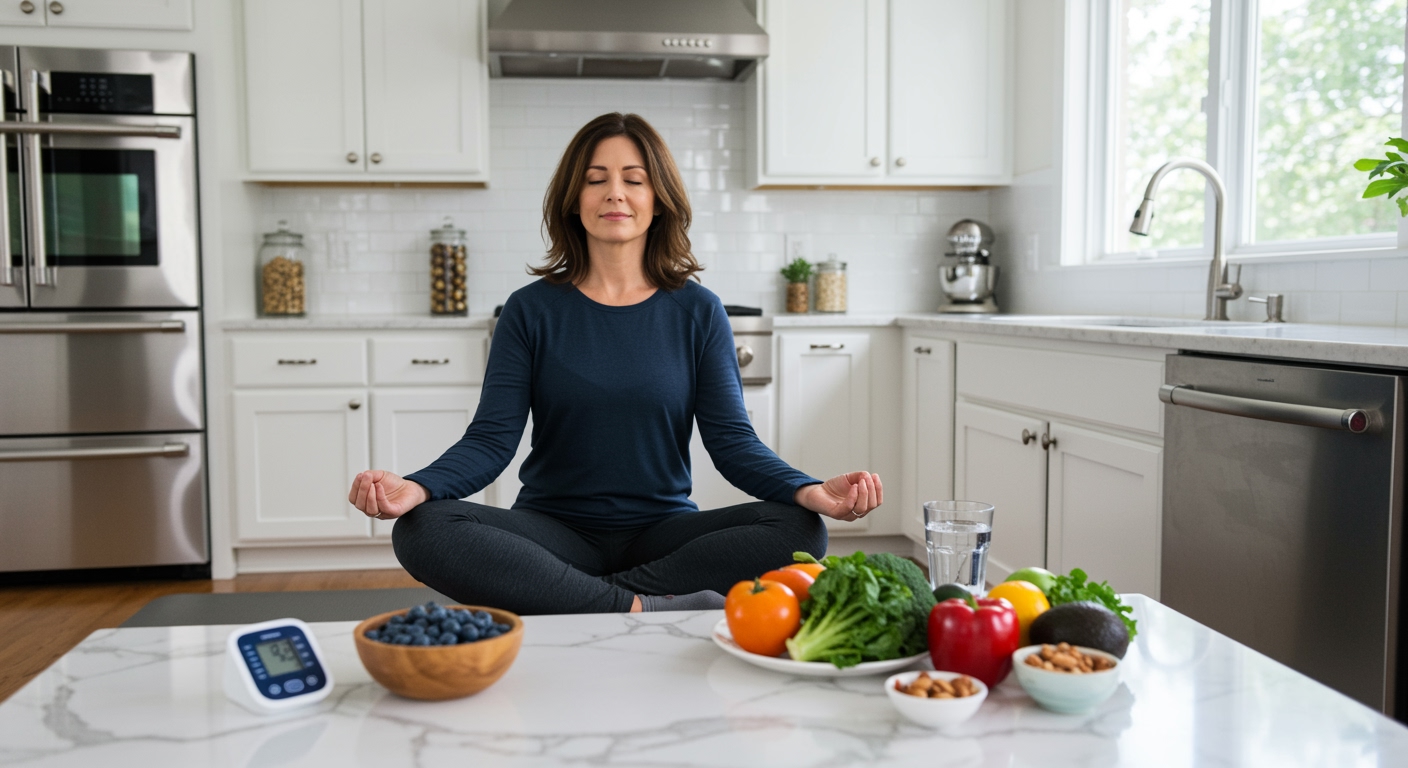 Middle-aged woman meditating cross-legged on yoga mat in modern kitchen with blood pressure monitor and healthy foods on countertop