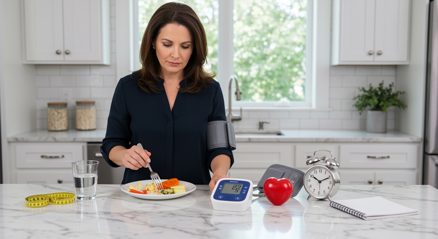 Middle-aged woman holding fork while standing at marble counter with blood pressure monitor and meal timing items visible