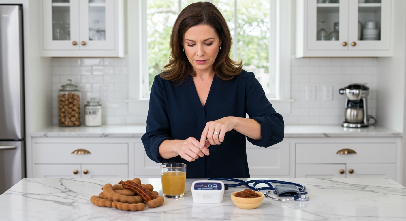 Woman checking pulse at wrist with blood pressure monitor and tamarind pods arranged on white marble kitchen counter
