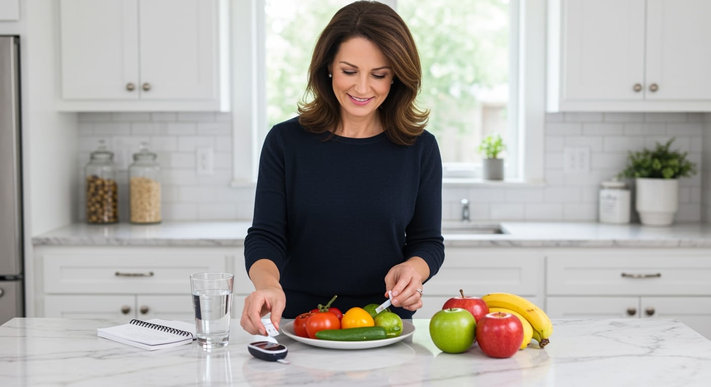 Middle-aged woman arranging glucose meter, vegetables, fruits, clock, and notebook on white marble kitchen countertop