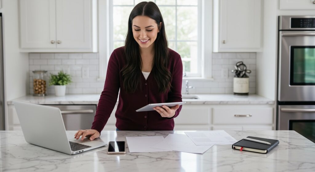 Young woman in burgundy cardigan holding tablet while organizing digital devices and printed materials on white marble kitchen counter
