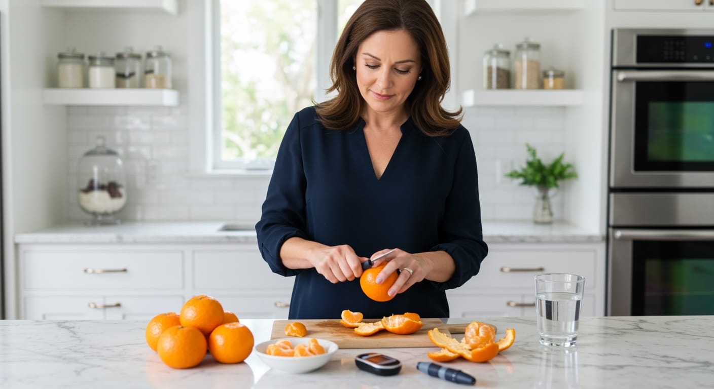 Middle-aged woman peeling mandarin orange on marble counter with blood glucose meter and citrus segments visible in bright kitchen