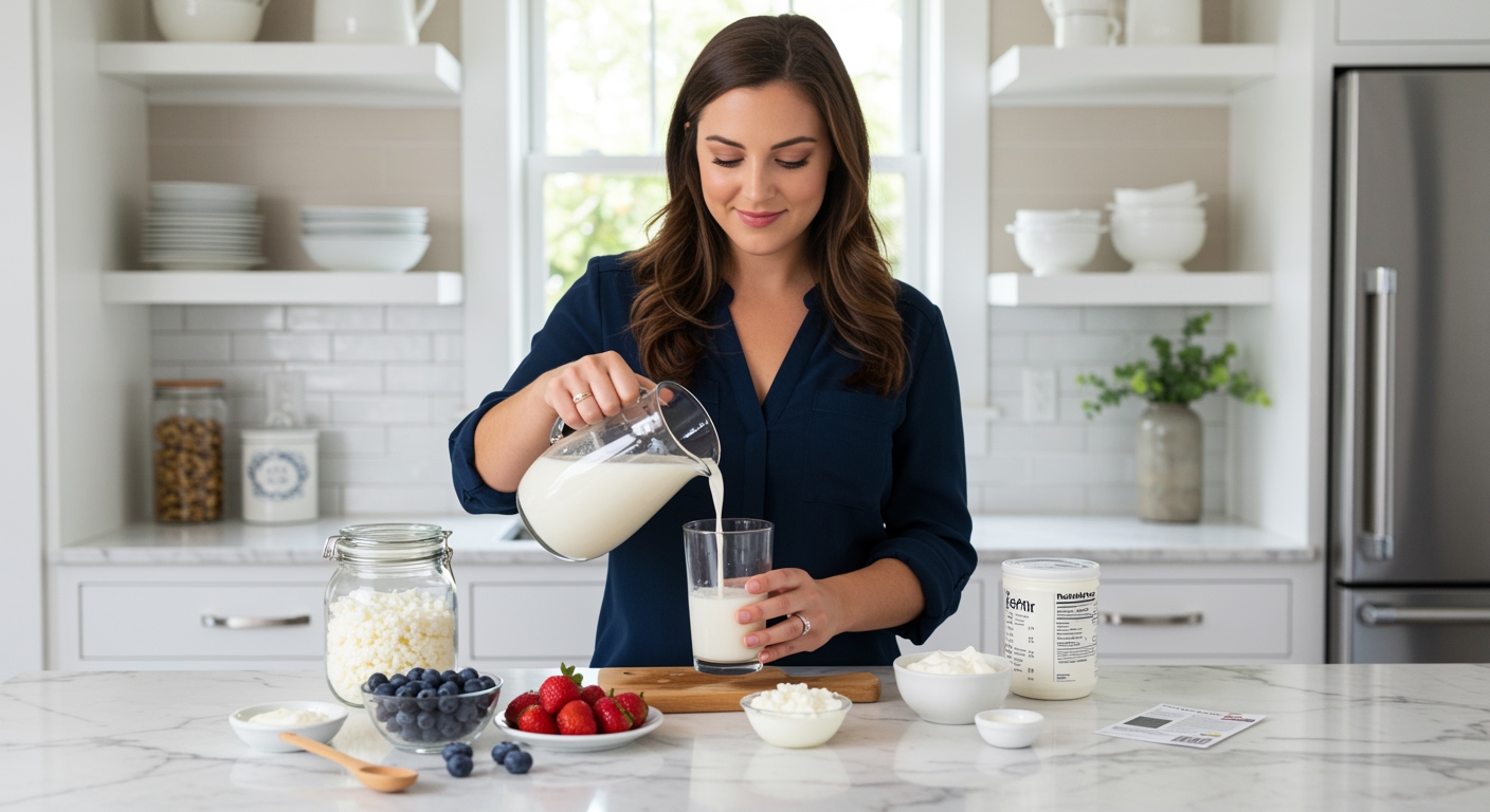 Woman pouring white kefir from pitcher into glass with berries, yogurt, and kefir grains arranged on marble countertop