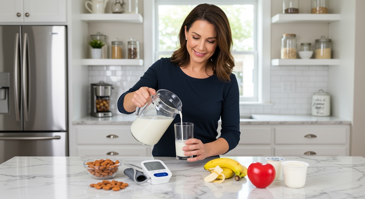 Woman pouring milk from pitcher into glass on marble counter with blood pressure monitor, yogurt, banana, and almonds in bright kitchen