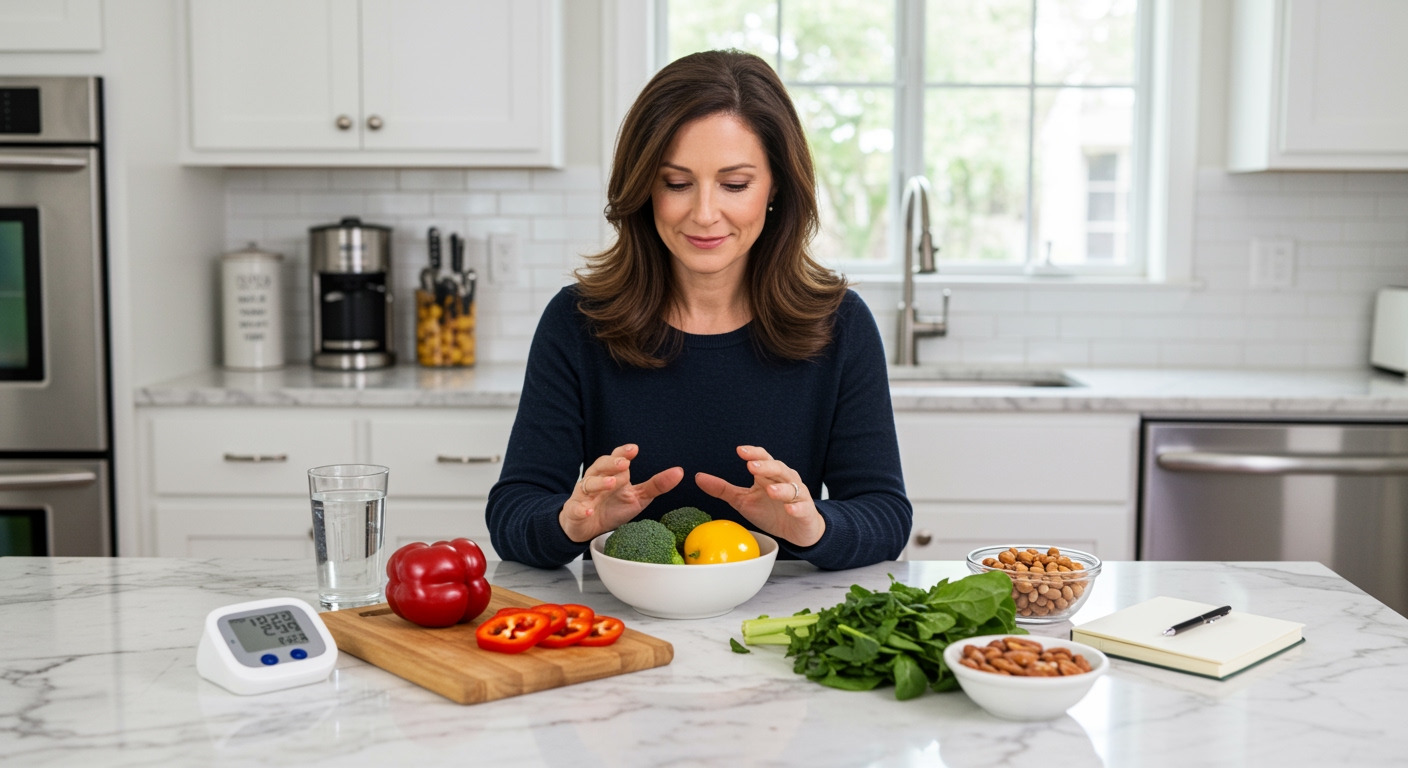 Middle-aged woman sitting at white marble counter with healthy foods and blood pressure monitor in bright modern kitchen