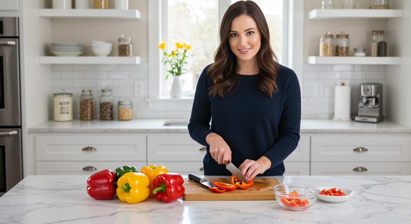 Woman slicing red bell pepper on marble counter with colorful bell peppers and cooking tools in bright modern kitchen