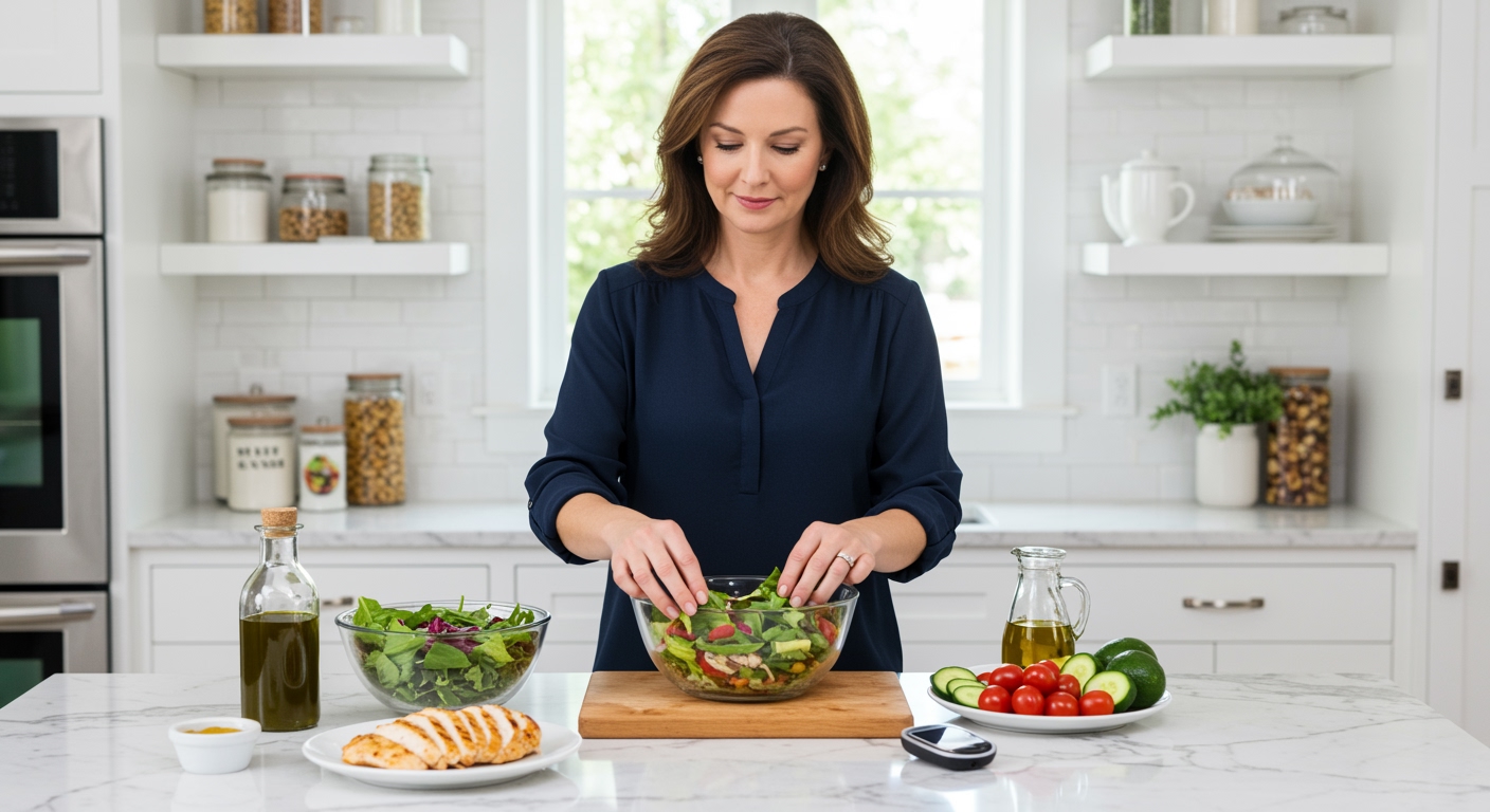Middle-aged woman arranging chicken salad ingredients on marble counter with glucose meter and fresh vegetables visible