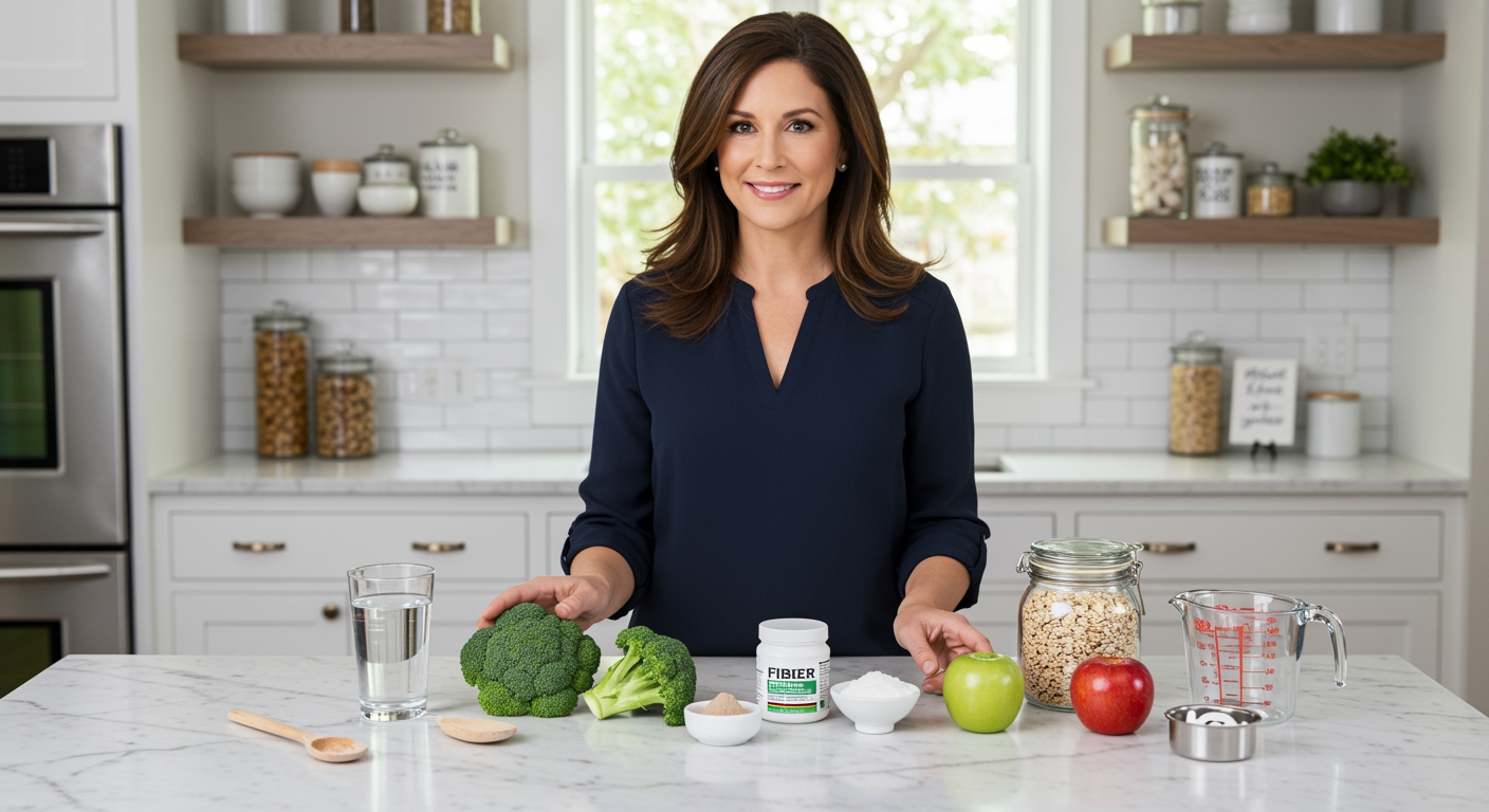 Woman standing behind marble counter with fiber supplements, whole grains, fruits and vegetables in bright modern kitchen