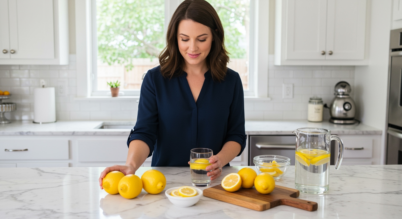 Woman holding lemon and glass of lemon water behind marble counter with fresh lemons and water pitcher in bright kitchen