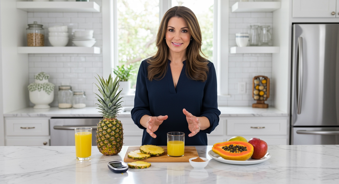 Woman standing behind marble counter with fresh pineapple, sliced fruit, juice glass, and glucose meter in bright modern kitchen
