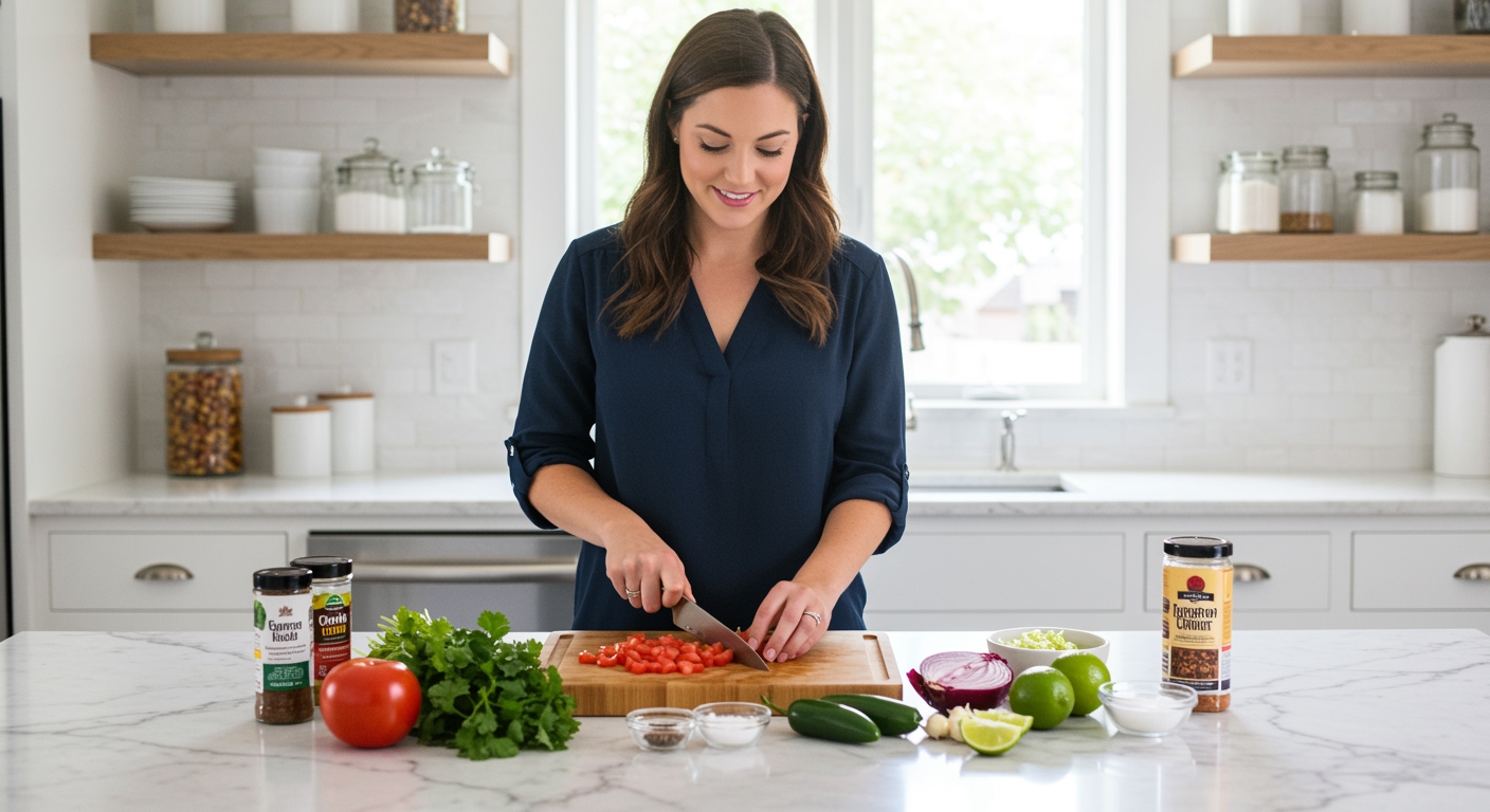 Young woman chopping tomatoes on marble countertop with fresh salsa ingredients including cilantro, onions, and peppers arranged nearby