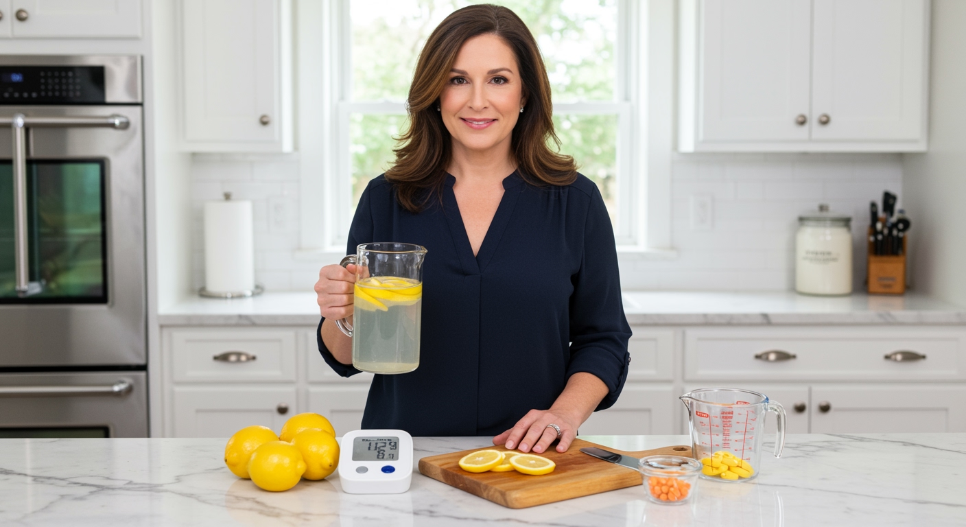 Woman holding glass pitcher of lemon water behind marble counter with fresh lemons and blood pressure monitor visible