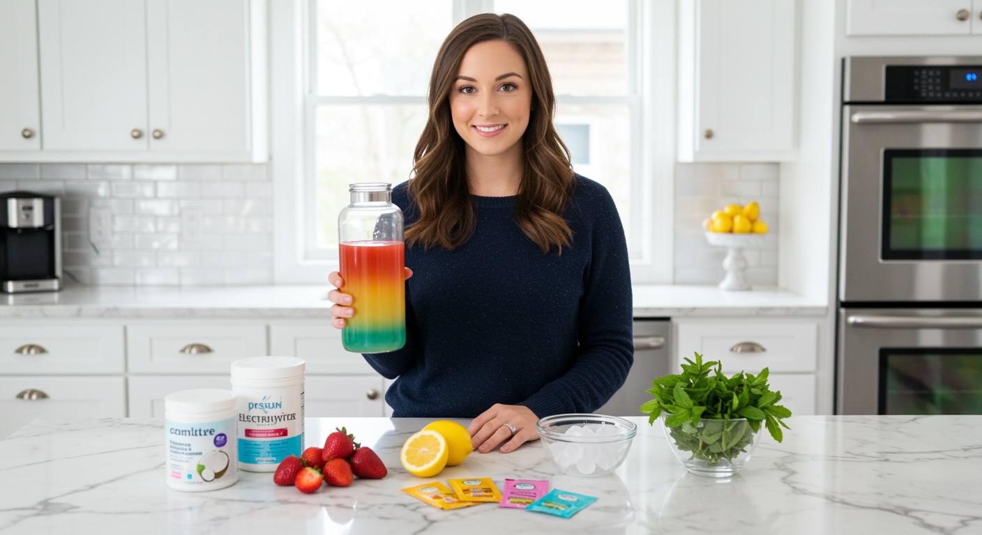 Young woman holding colorful loaded water bottle with electrolyte powder and fresh fruit ingredients on marble counter