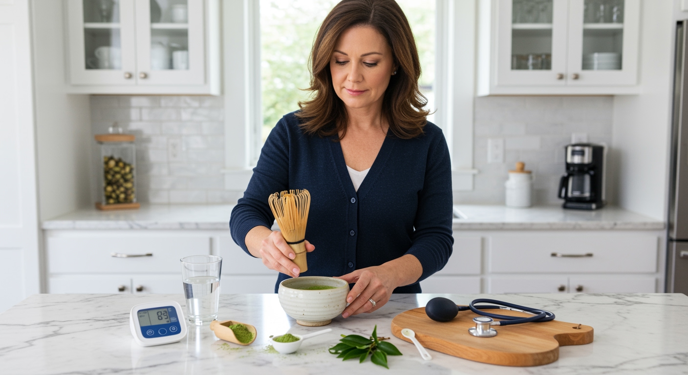 Middle-aged woman holding bamboo whisk over matcha bowl with blood pressure monitor and tea preparation items on marble counter