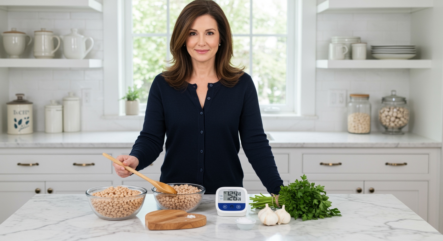 Middle-aged woman in navy cardigan standing behind marble counter with navy beans, blood pressure monitor, and cooking items