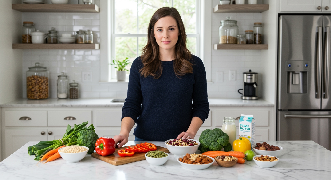 Woman standing behind marble counter with plant-based foods including vegetables, legumes, and grains in bright kitchen