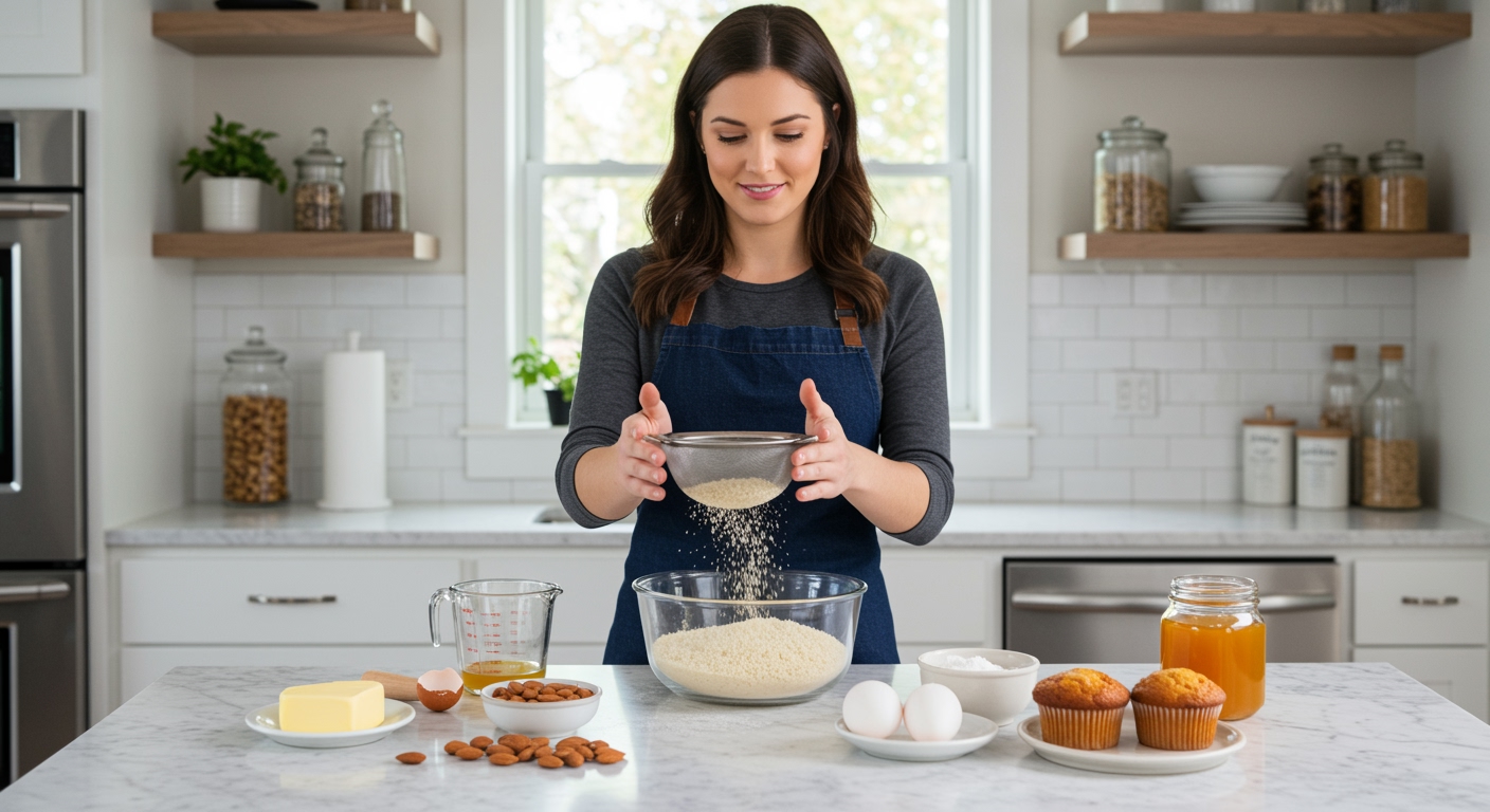 Young woman sifting almond flour through mesh strainer into glass bowl with baking ingredients on white marble countertop