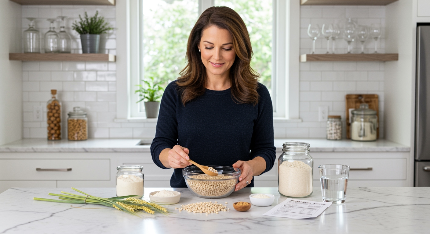 Woman arranging barley grains and preparation tools on white marble countertop in bright modern kitchen setting