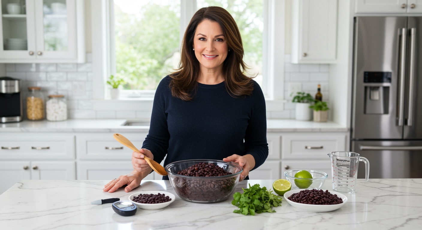 Middle-aged woman in navy sweater holding wooden spoon with black beans and diabetes monitoring supplies on white marble counter