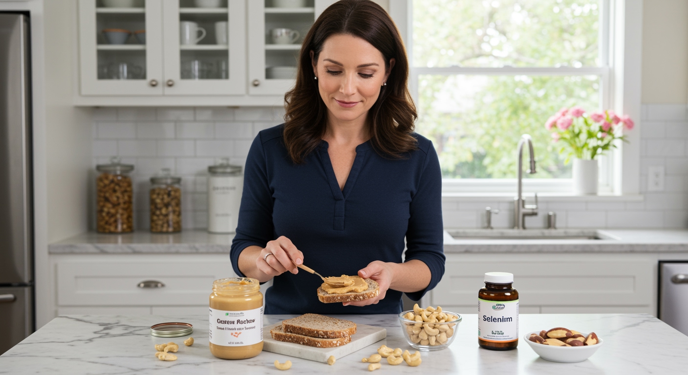 Woman spreading cashew butter on bread at marble counter with cashews, thyroid model, and supplements visible in bright kitchen