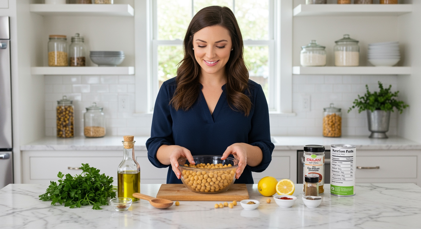 Woman holding glass bowl of cooked chickpeas on marble countertop with cooking ingredients and nutrition information visible