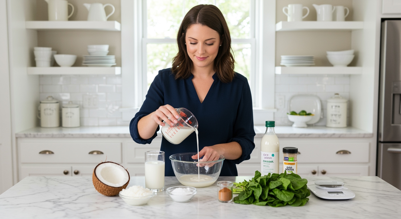 Woman pouring coconut milk into bowl on marble counter with coconut, dairy milk, and PCOS-friendly ingredients in modern kitchen