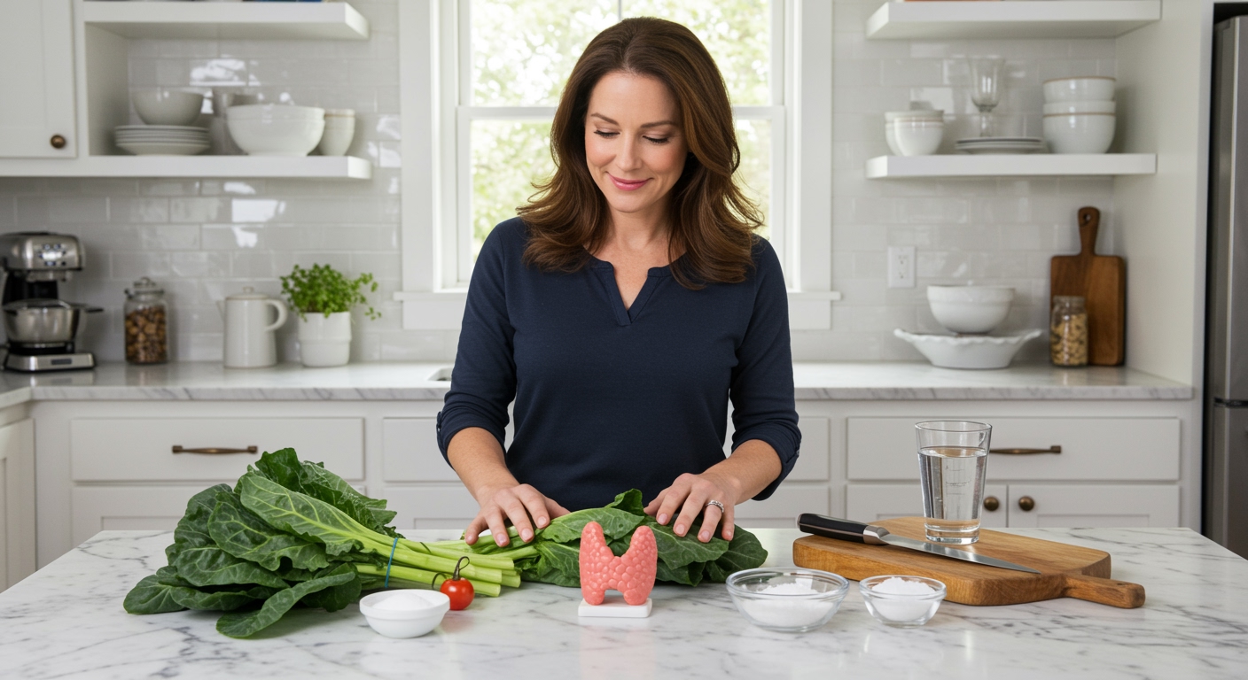 Woman standing behind marble countertop with fresh collard greens, thyroid model, medication tablets, and kitchen tools visible.