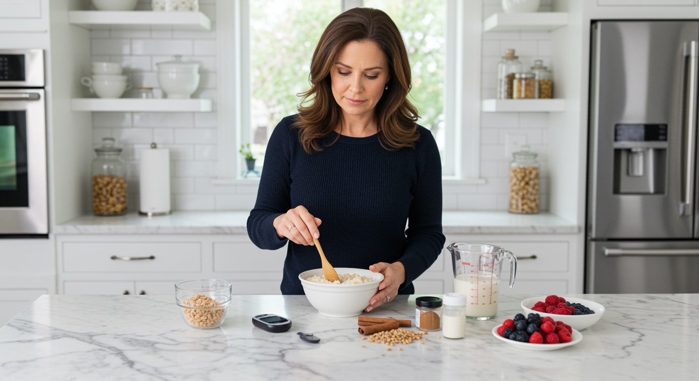 Middle-aged woman stirring cream of wheat cereal with blood glucose meter and ingredients on marble kitchen counter