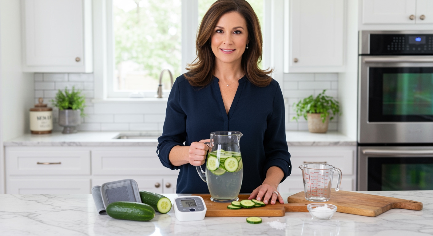 Woman holding cucumber water pitcher behind marble counter with blood pressure monitor and fresh cucumbers in modern kitchen