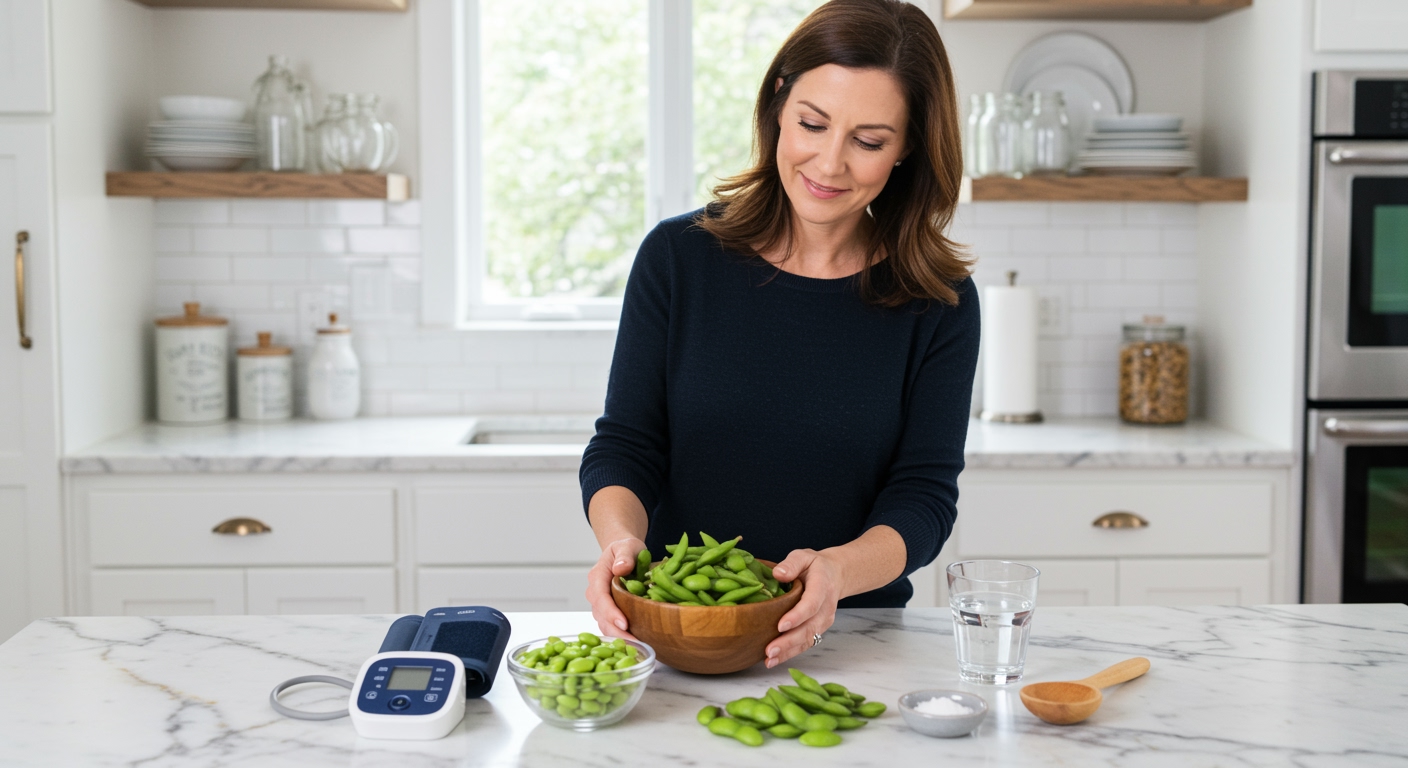 Middle-aged woman holding wooden bowl of edamame pods behind marble countertop with blood pressure monitor and healthy foods